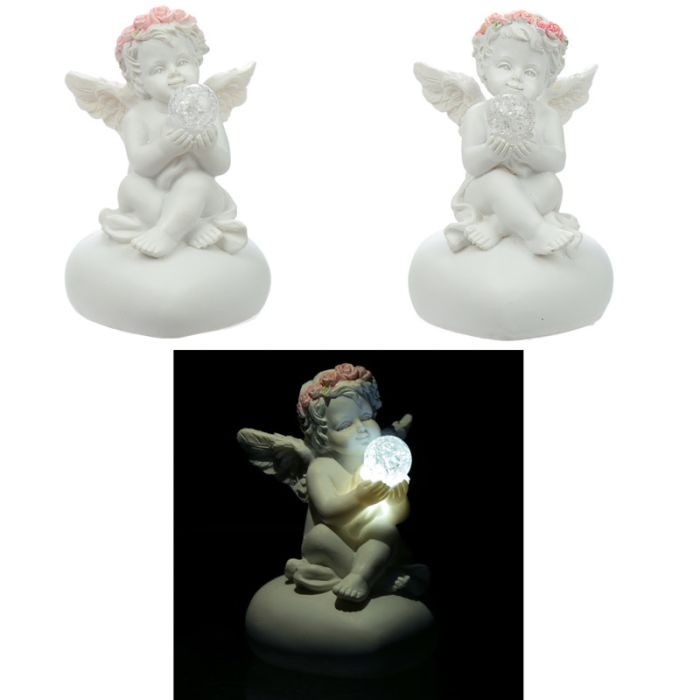 Figurka LED  - Cherub s růžovým věnečkem a koulí