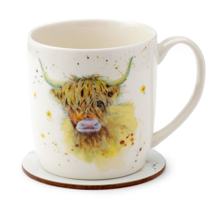 Sada porcelánový hrnek a podtácek Skotská kravička Highland Coo, design Jan Pashley