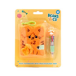 Plyšový zápisník mini A7 a vícebarevná propiska - Kočka Beans & Co Plyšový zápisník mini A7 a vícebarevná propiska - Kočka Beans & Co